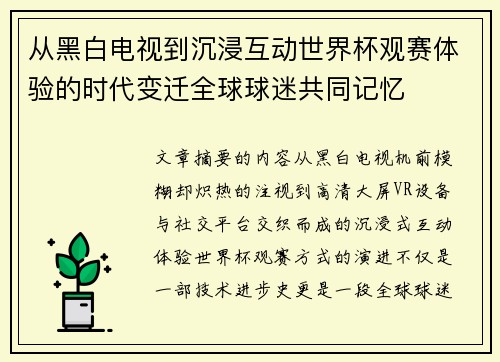 从黑白电视到沉浸互动世界杯观赛体验的时代变迁全球球迷共同记忆 从黑白电视到沉浸互动世界杯观赛体验的时代变迁全球球迷共同记忆